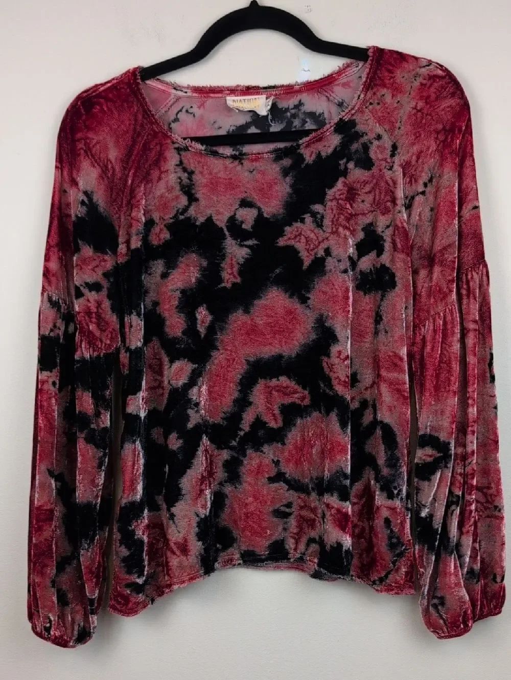 Nation Marielle Rosebud Tie-Dye Velvet Burnout Blouse Relaxed Fit Red & BlackTop
